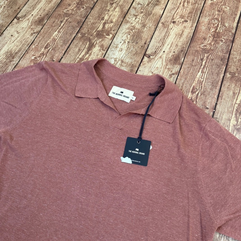 The Normal Brand Johnny Collar Knit Polo Mens Medium Adobe Rose Linen Blend NWT